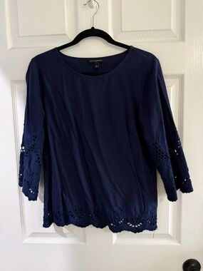 Banana Republic Navy Cotton Eyelet-Hem Long Sleeve Top